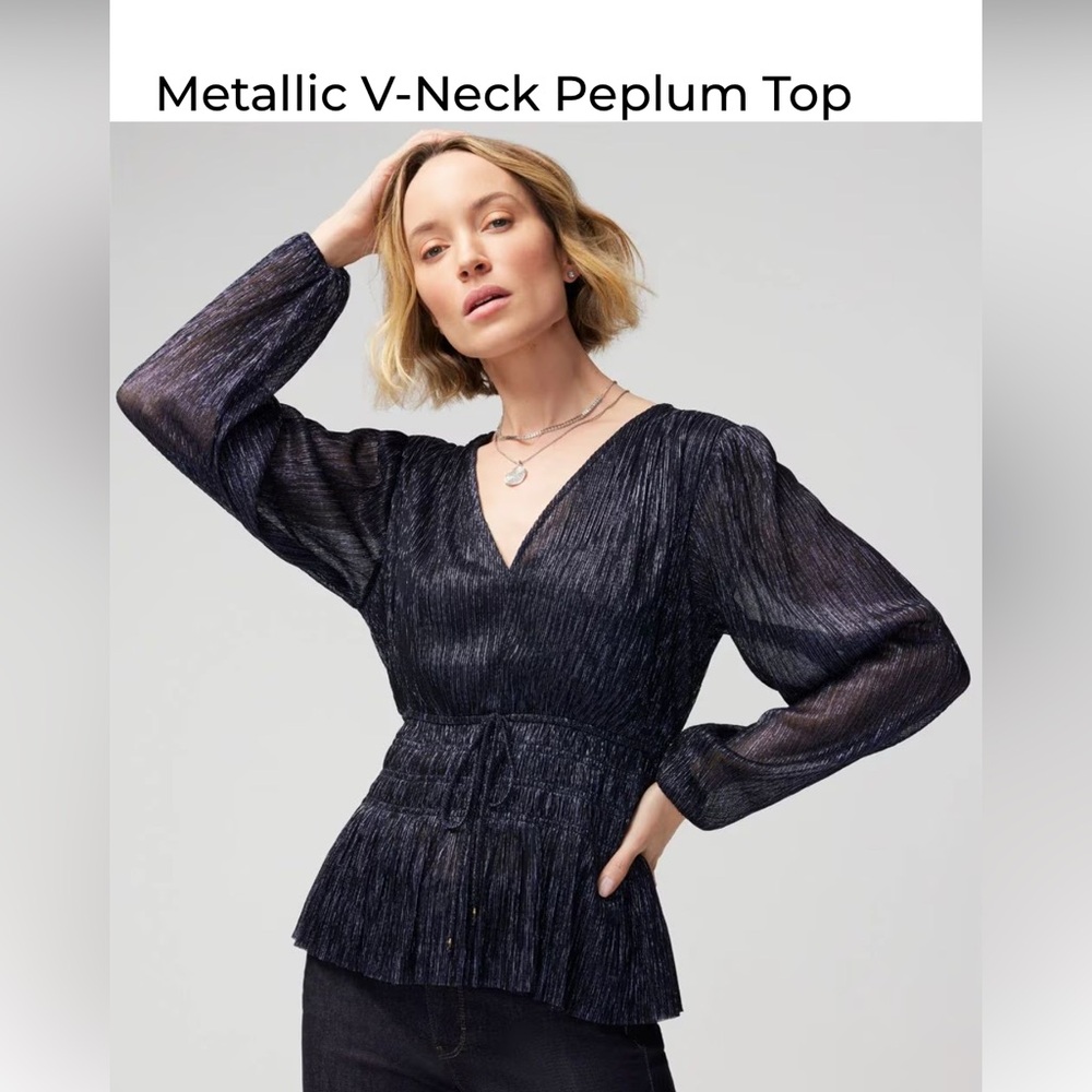 WHBM Metallic V-neck Peplum Blue Top Size S